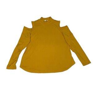 Say What? Blouse Women's 1X‎ Yellow  Cold Shoulder Mock Neck Boho